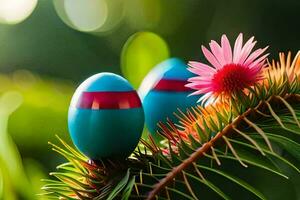 two blue and red easter eggs on a branch. AI-Generated photo