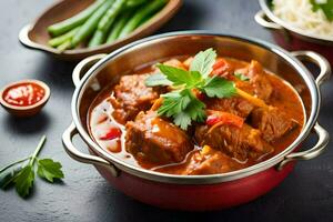 chicken curry in a red pot with rice and green beans. AI-Generated photo