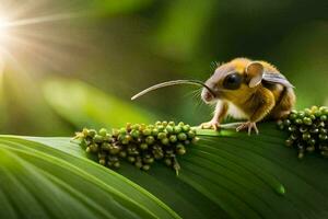 a mouse is sitting on a leaf with berries. AI-Generated photo