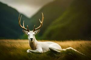 a white deer with horns laying in the grass. AI-Generated photo