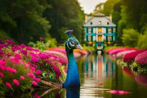 a peacock is standing in a pond surrounded by flowers. AI-Generated photo