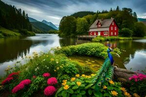the house is in the middle of the lake. AI-Generated photo