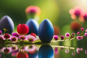 easter eggs on a pond with flowers and grass. AI-Generated photo