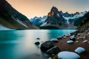 un lago rodeado por montañas a puesta de sol. generado por ai foto