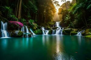 waterfall in the jungle at sunset. AI-Generated photo