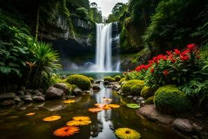 waterfall in the jungle with flowers and water lilies. AI-Generated photo