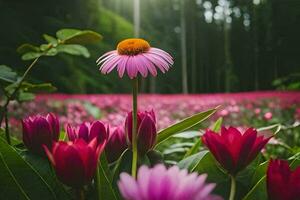 a pink flower stands out in the middle of a field. AI-Generated photo