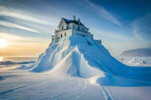 un casa en parte superior de un nieve cubierto montaña. generado por ai foto