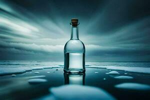 a bottle of water sits on the ice with a storm in the background. AI-Generated photo