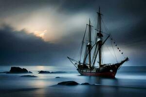 a sailing ship in the ocean under a stormy sky. AI-Generated photo