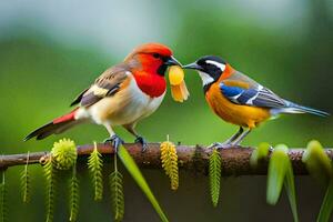 two birds are sitting on a branch with a yellow flower. AI-Generated photo