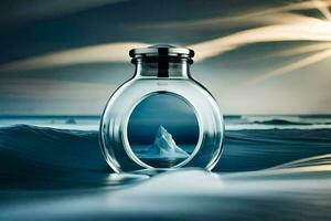 a bottle of perfume sitting on the ocean. AI-Generated photo