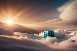 a cube in the clouds with the sun behind it. AI-Generated photo