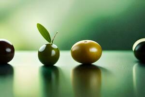 Tres diferente tipos de aceitunas son mostrado en un fila. generado por ai foto