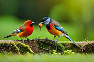 dos vistoso aves comiendo desde un rama. generado por ai foto