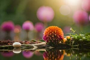 photo wallpaper the sky, flowers, water, reflection, the sun, flowers, water, reflection. AI-Generated