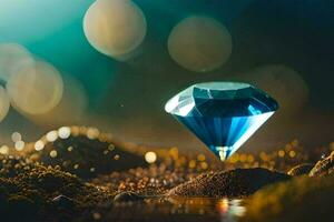 a diamond is sitting on the ground with bokeh lights. AI-Generated photo