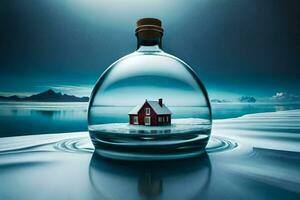 a house in a bottle on the water. AI-Generated photo