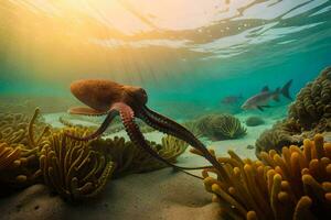 un pulpo nada en el Oceano con corales generado por ai foto