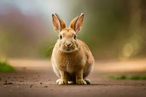 a rabbit is sitting on the ground in front of a blurry background. AI-Generated photo