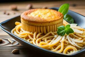 spaghetti with a muffin on top. AI-Generated photo