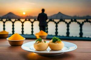 the food is served on a plate with a view of the sunset. AI-Generated photo