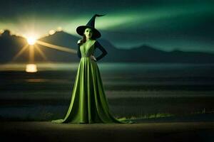 a woman in a green dress and hat standing in front of a lake. AI-Generated photo