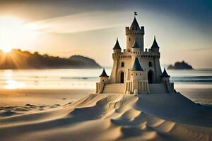 a castle on the beach at sunset. AI-Generated photo