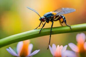 a wasp is sitting on a plant with purple flowers. AI-Generated photo