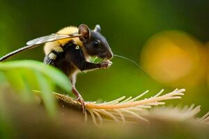 a mouse with a yellow and black body sitting on a branch. AI-Generated photo