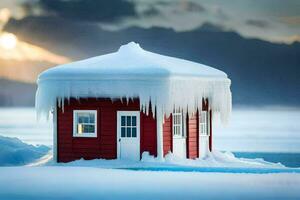 un pequeño rojo casa cubierto en nieve. generado por ai foto