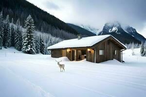 a deer stands in front of a cabin in the snow. AI-Generated photo