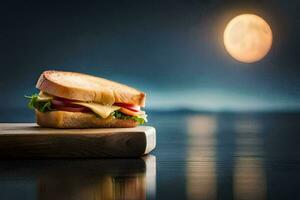 a sandwich sits on a wooden board with the moon in the background. AI-Generated photo