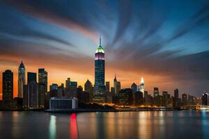 el Manhattan horizonte a puesta de sol con nubes en el cielo. generado por ai foto