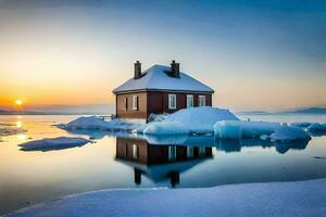 a house sits on an ice floe in the middle of the ocean. AI-Generated photo