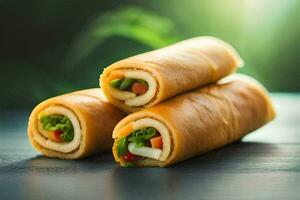 Tres rollos de comida con vegetales en un mesa. generado por ai foto