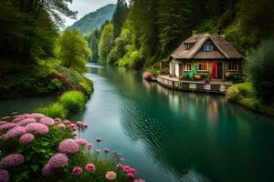 a small house sits on the edge of a river. AI-Generated photo