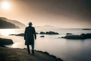 a man in a hat and coat walks along the shore at sunset. AI-Generated photo