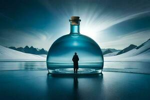 a man standing in a bottle in the middle of a lake. AI-Generated photo