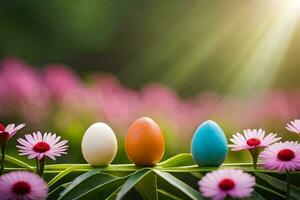 three colorful eggs are sitting on a green plant. AI-Generated photo
