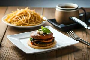 un plato con un hamburguesa y algunos tallarines en él. generado por ai foto