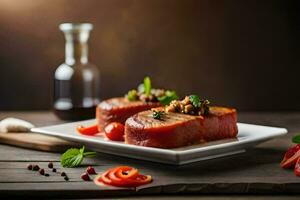 steak with tomatoes and herbs on a plate. AI-Generated photo