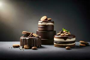 three chocolate cakes with nuts and chocolate. AI-Generated photo