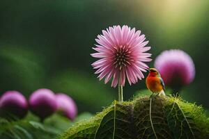 a bird is perched on top of a flower. AI-Generated photo