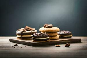 chocolate cookies on a wooden tray with nuts. AI-Generated photo