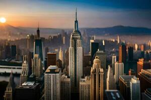 the empire state building is seen in the background as the sun rises. AI-Generated photo