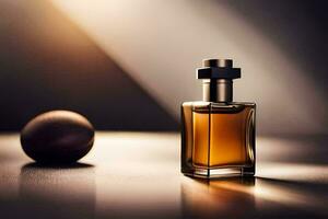 a bottle of perfume sitting on a table. AI-Generated photo