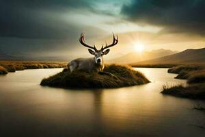 a deer sits on a small island in a river. AI-Generated photo