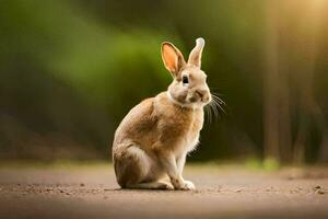 a rabbit sitting on the ground in front of a green background. AI-Generated photo