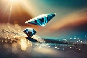 two diamonds on a table with a light shining on them. AI-Generated photo